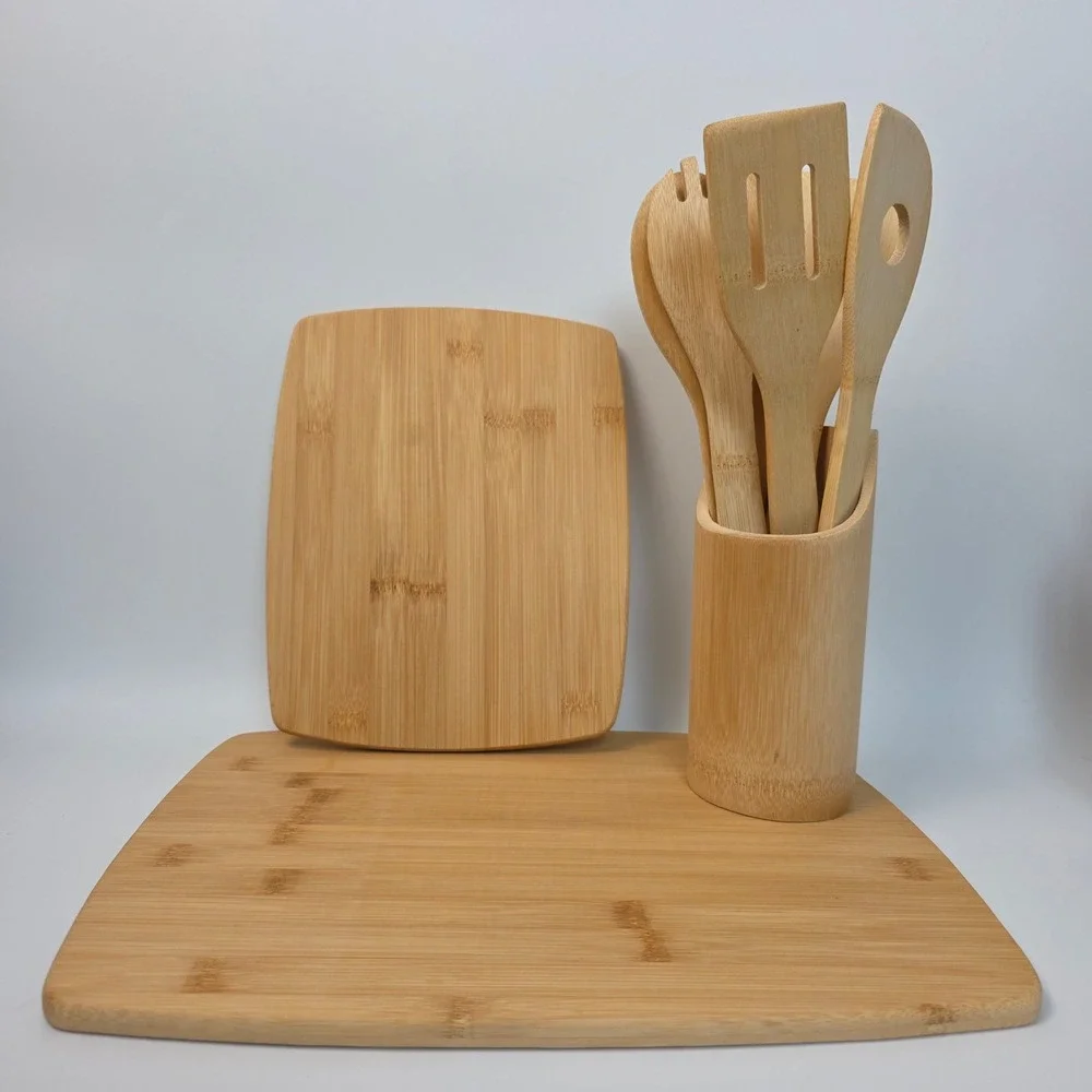 9pc Bamboo Cutting Board and Utensil Set with Holder Natural Wood Kitchen Tools